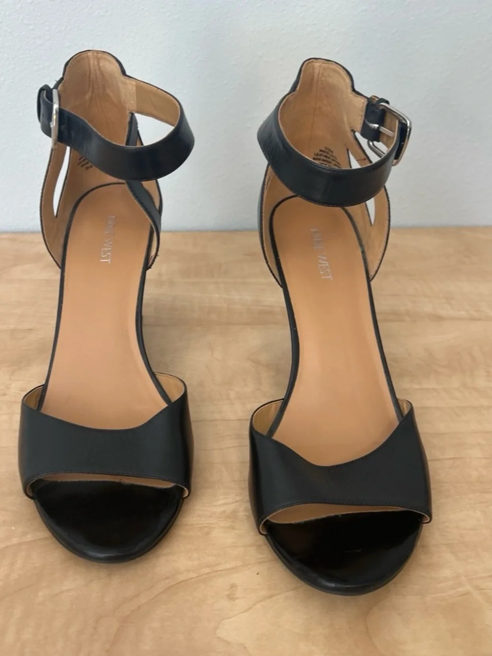 Nine West Black Leather Ankle-Strap Wedge Sandals